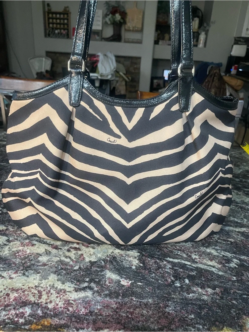 Coach Black and Cream Zebra-Print Devin Patent Leather Shoulder Tote